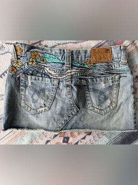 Roxy Light Blue Denim Mini Skirt with Turquoise and Yellow Floral Embroidery